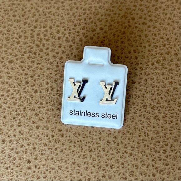 Silver Stainless Steel Logo Stud Earrings - Picture 2 of 3